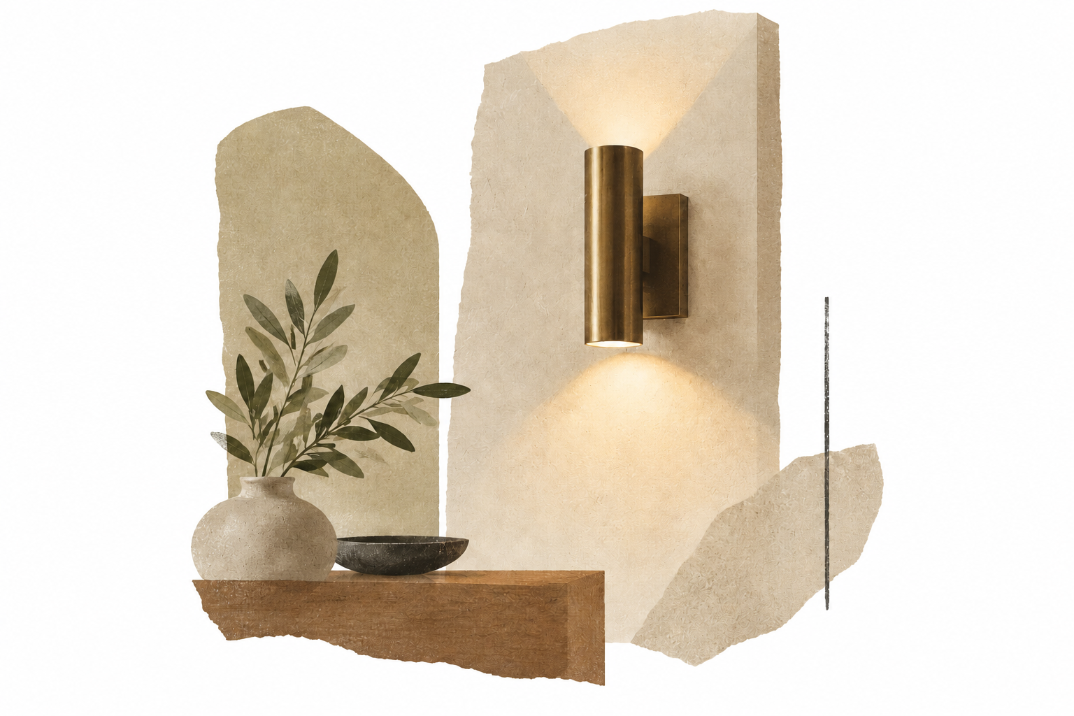 Collage van wandlamp met een warme lichtplas