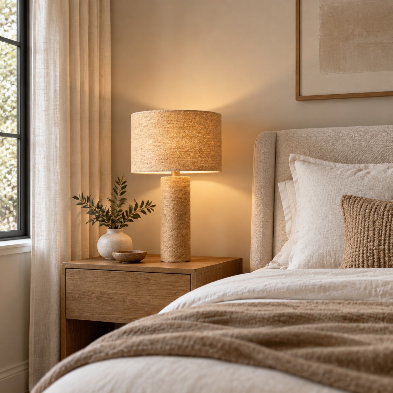 Tafellamp naast een bed