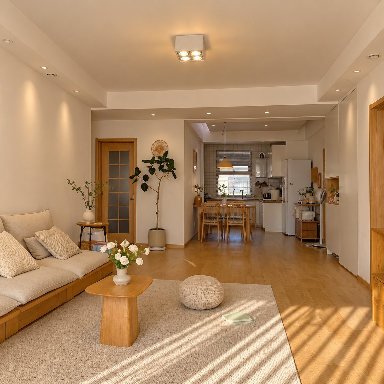 Woonkamer in massief hout met warme plafondlamp