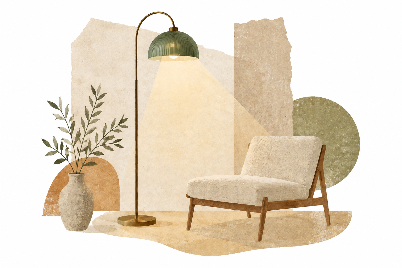 Collage van vloerlamp met stoel en plant