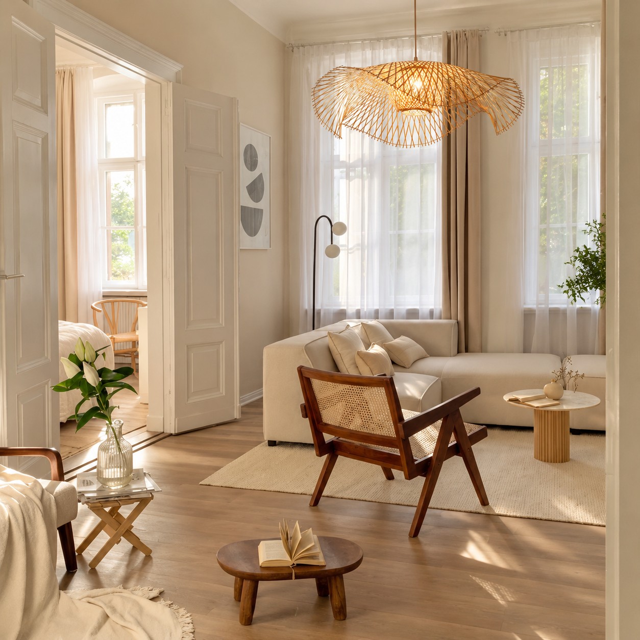 Noordse woonkamer met een gevlochten hanglamp