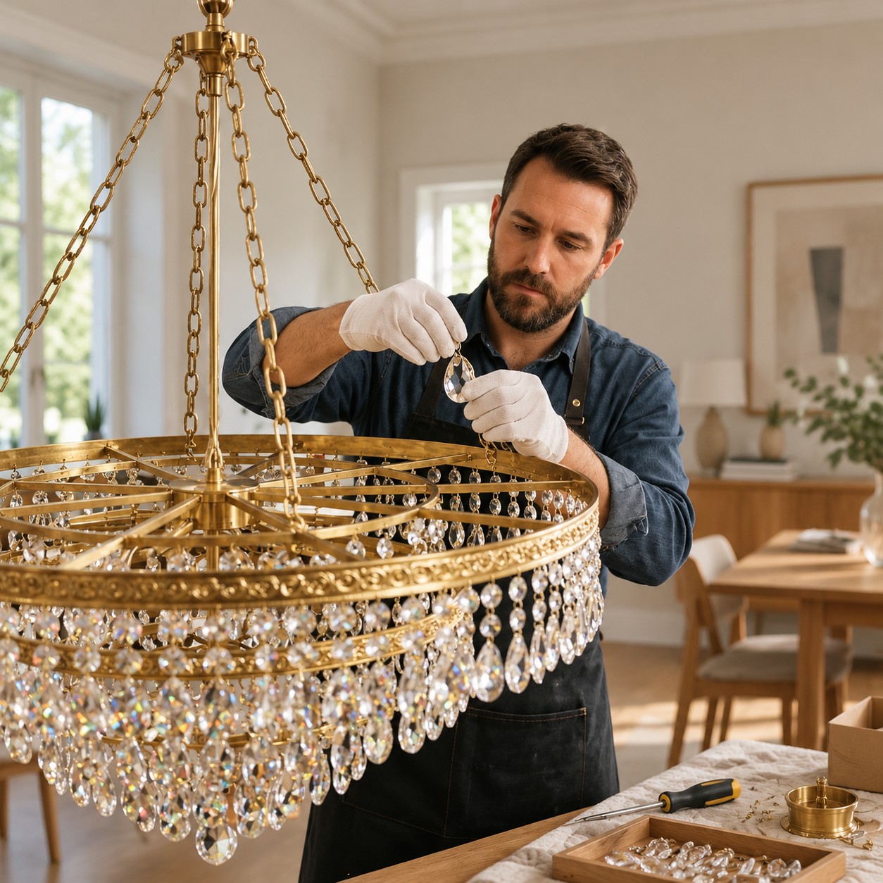 Cristais num lustre de latão