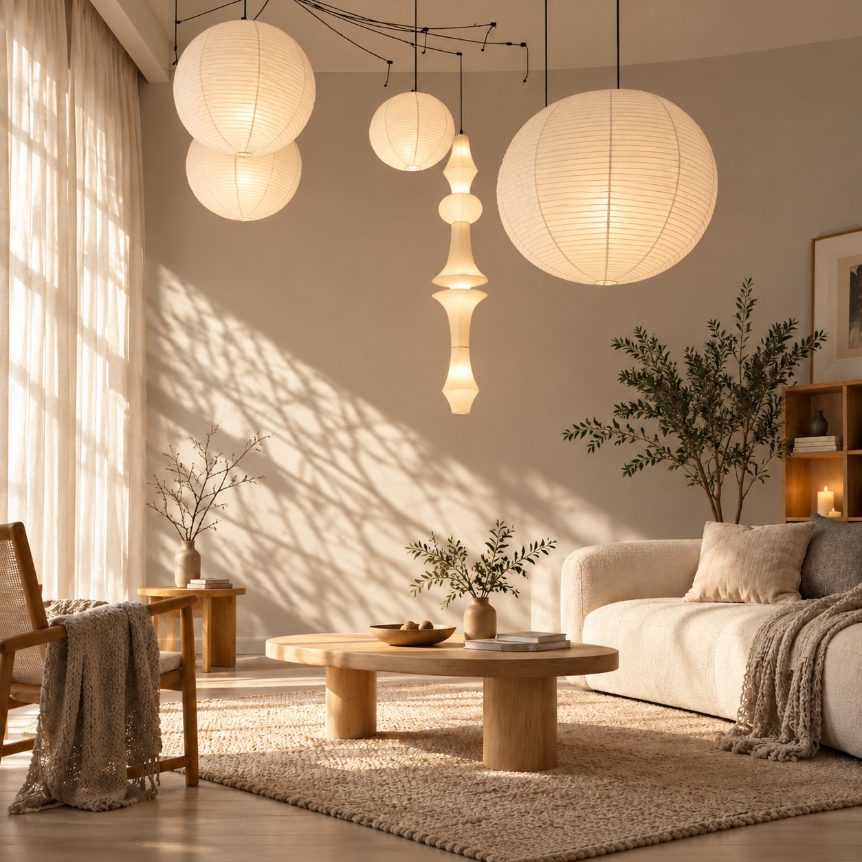 Lanternas de papel numa sala soalheira