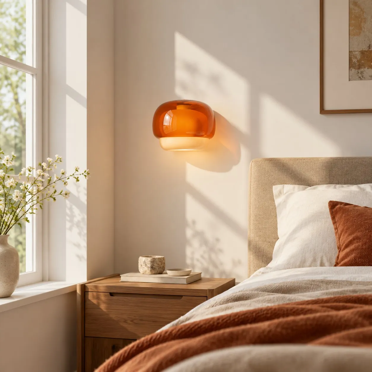 Orange sconce above a wooden bedside table