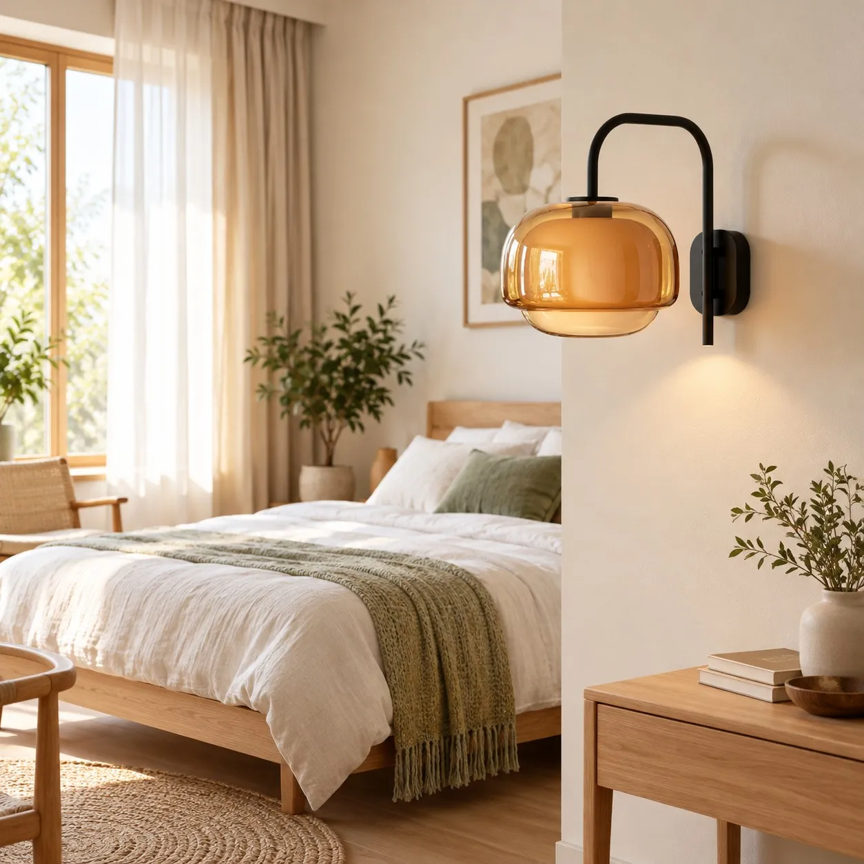 Orange sconce beside a bed