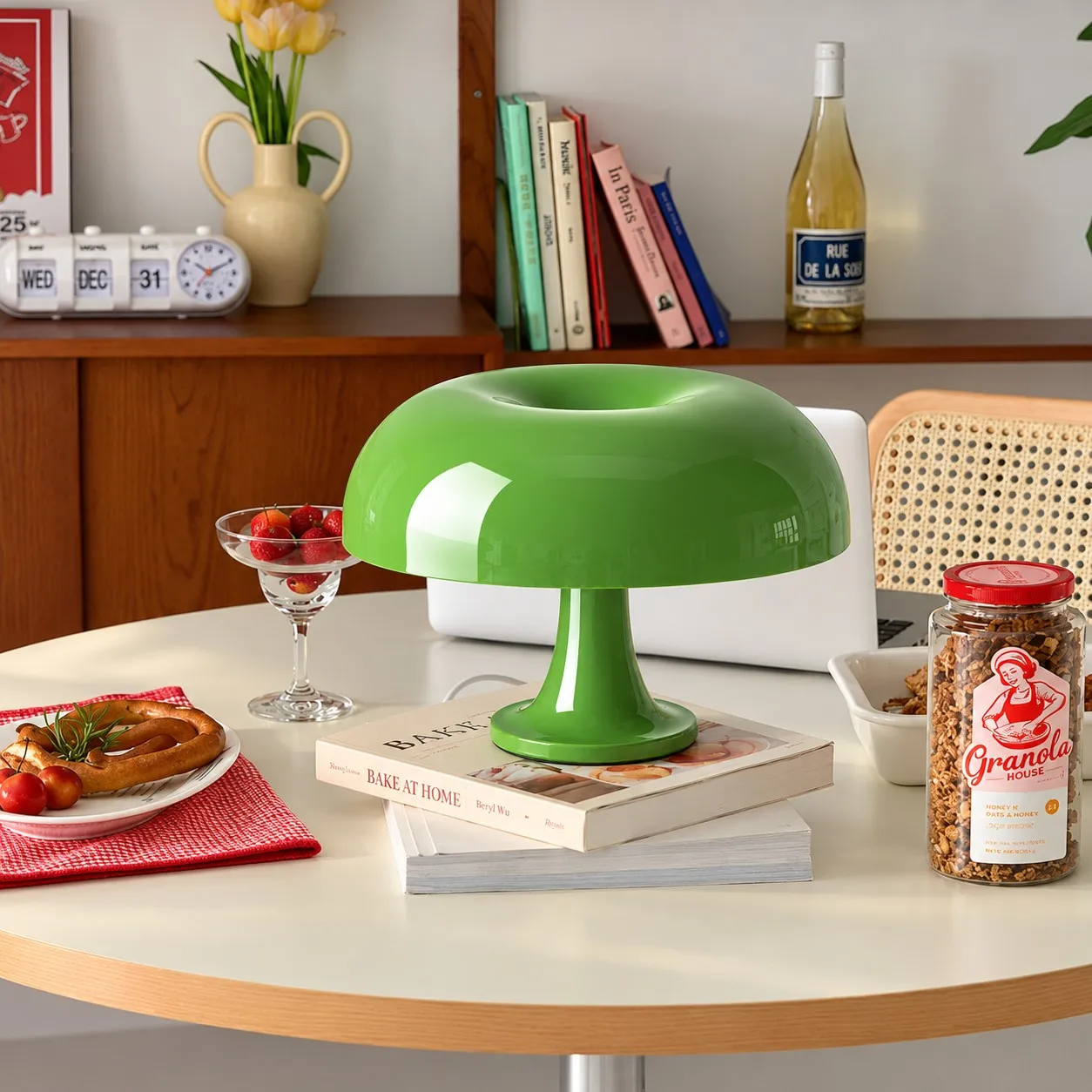 Green lamp on a dining table