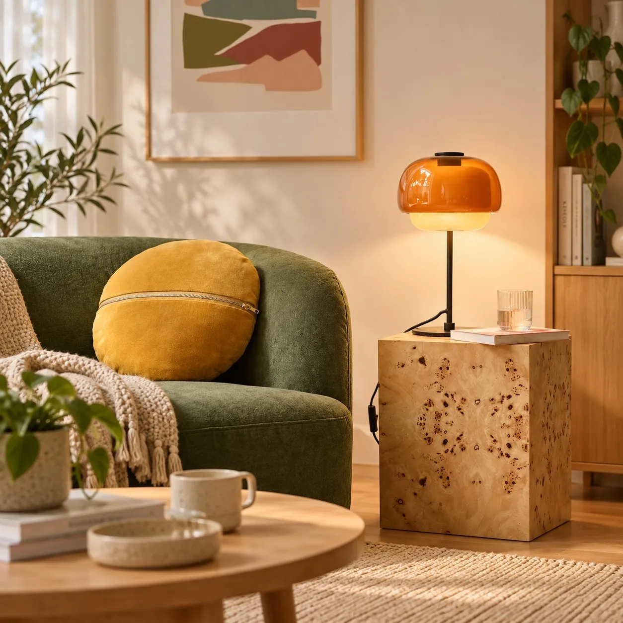 Orange lamp on a side table beside a sofa
