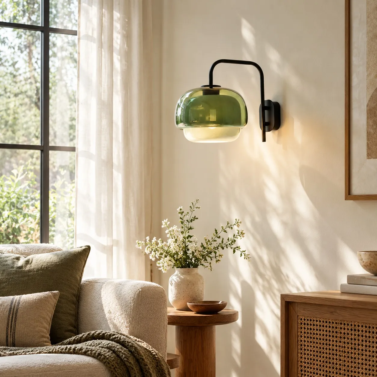 Green sconce beside a sofa and a window