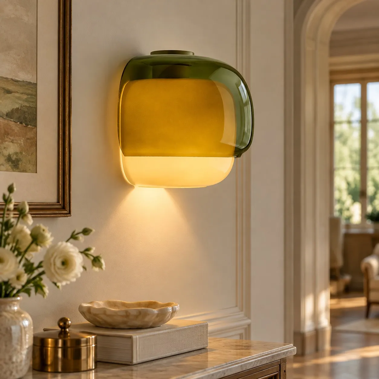 Green sconce in a paneled entry