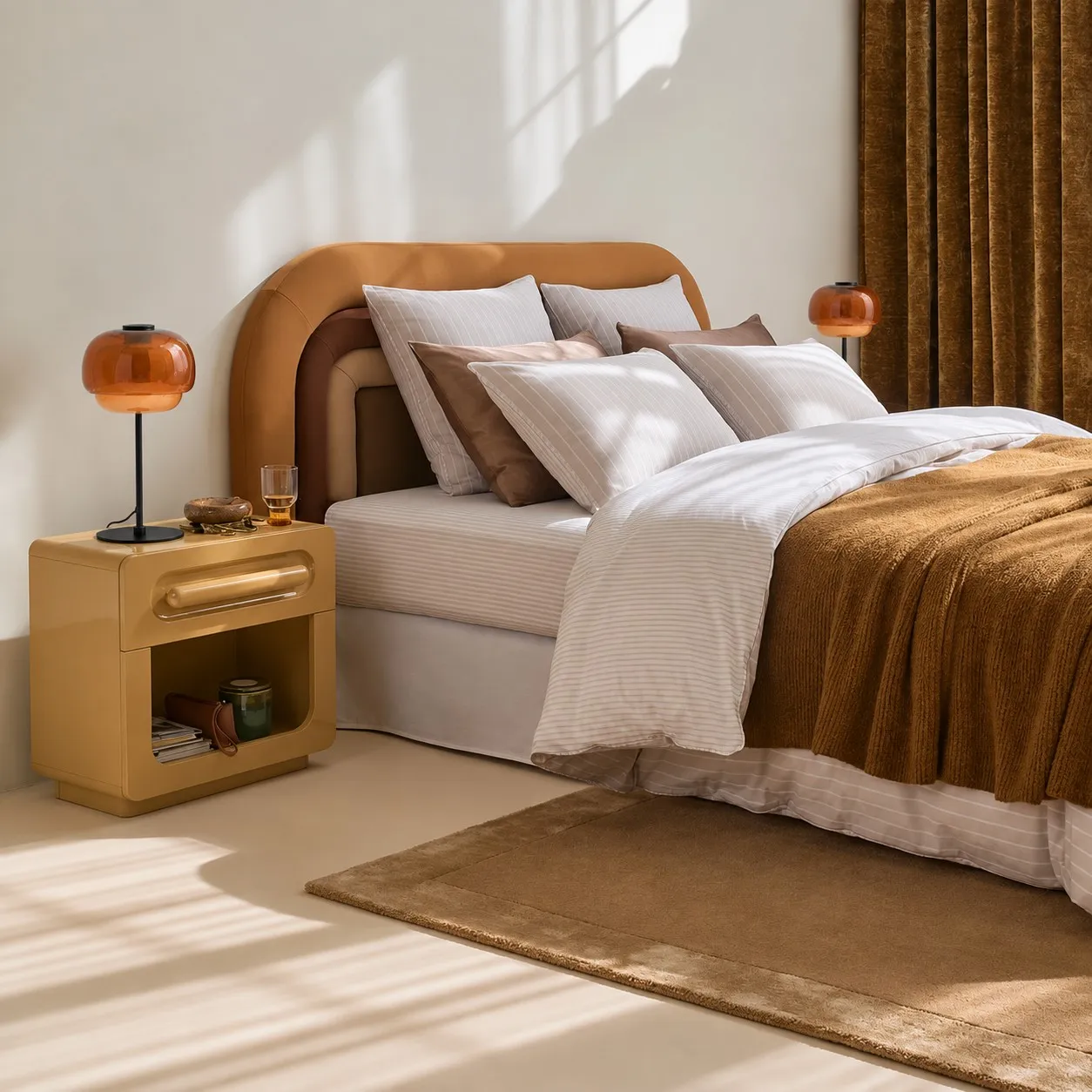 A pair of orange lamps beside a bed