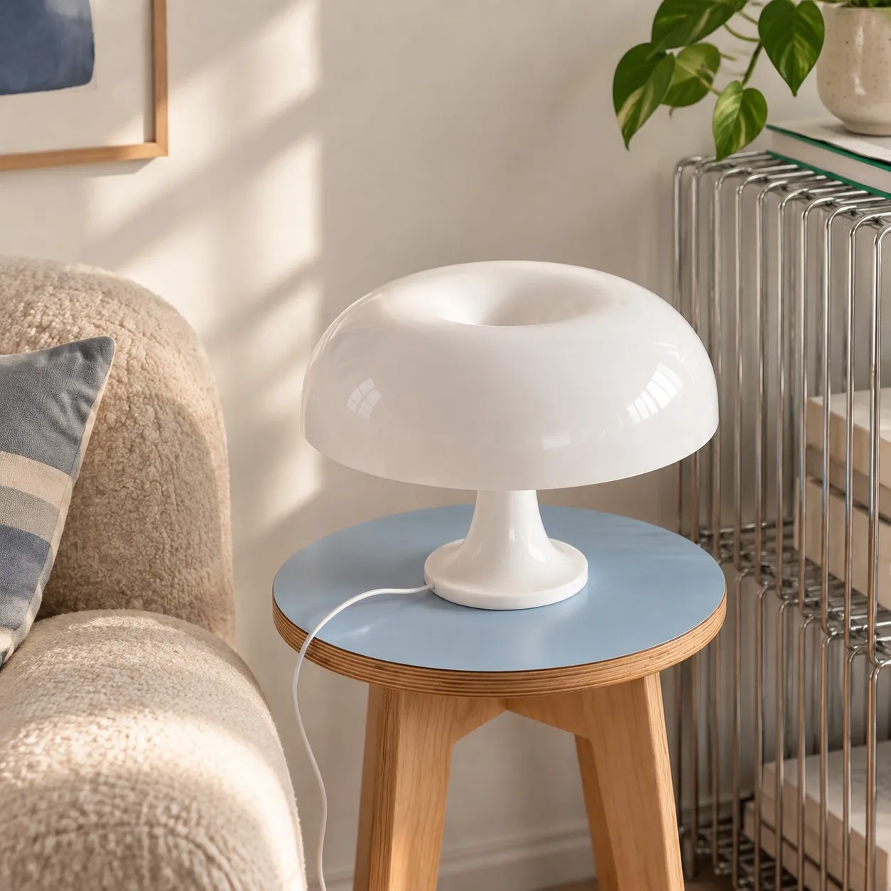 White lamp on a round stool