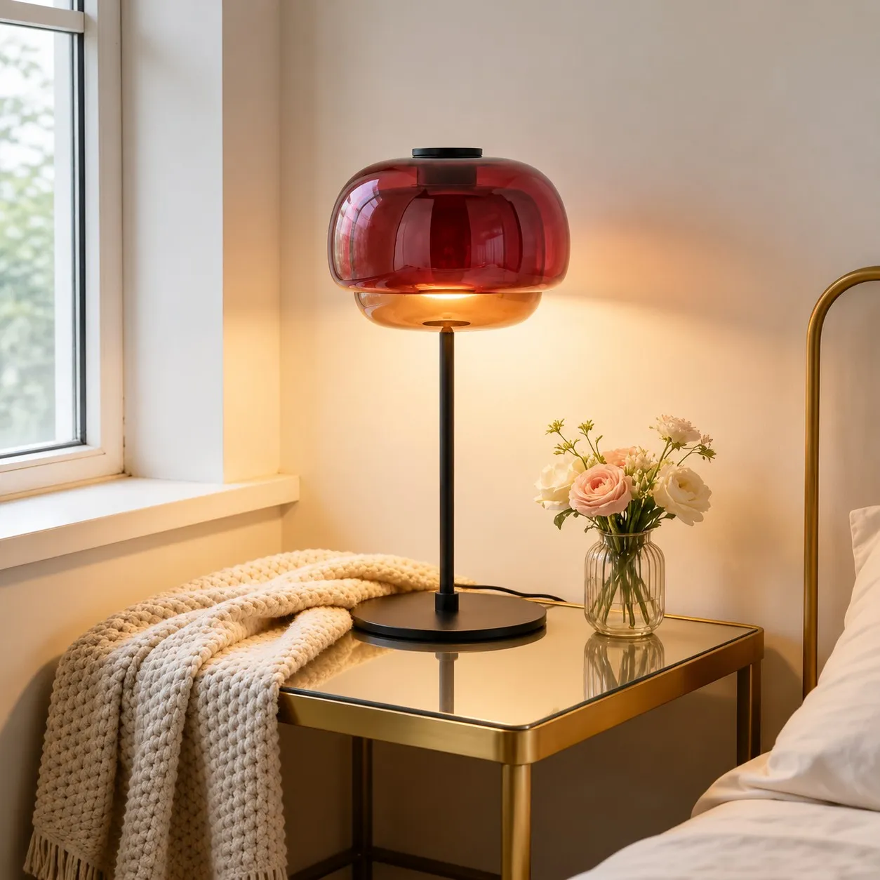 Burgundy lamp on a bedside table
