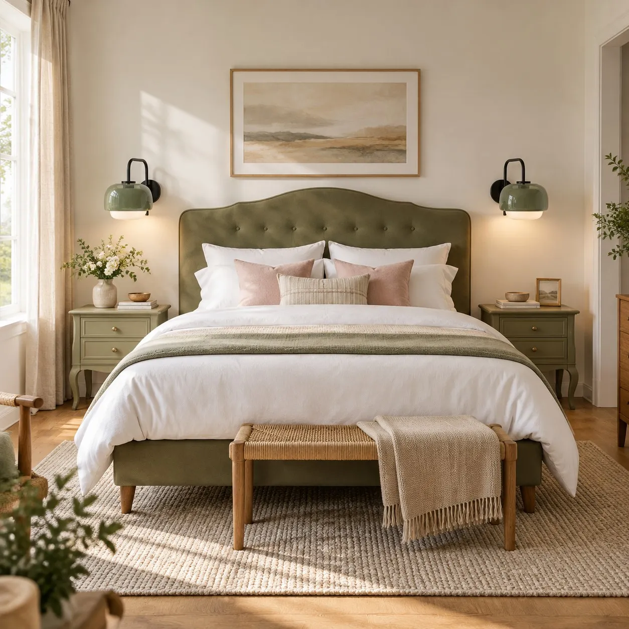 A pair of green sconces above a bed