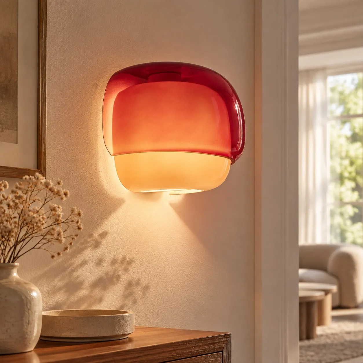 Burgundy sconce above a wooden console