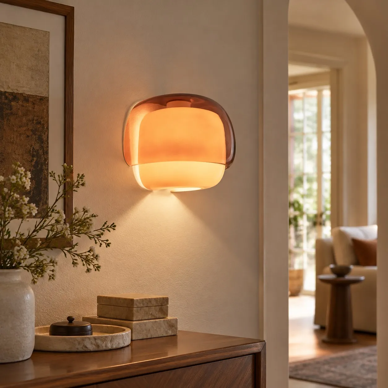 Amber sconce above a console in an entry