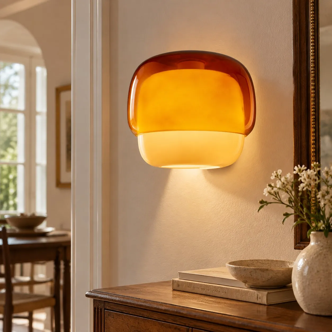 Amber sconce beside a dining doorway