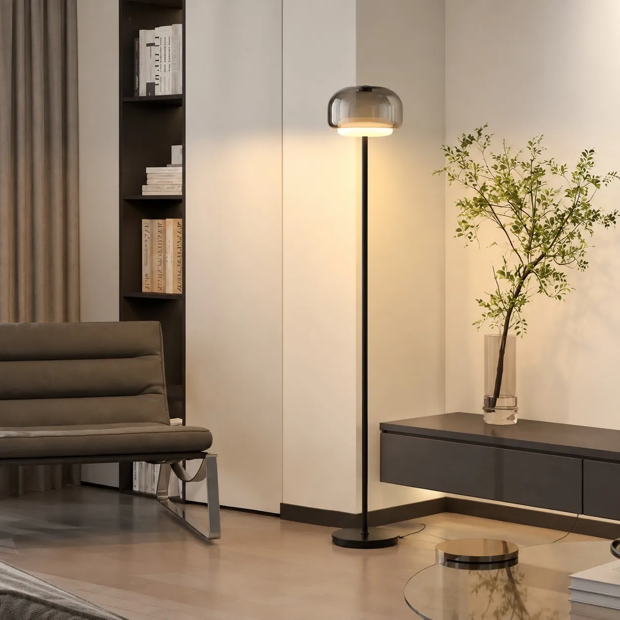 Smoke Gray floor lamp in a corner