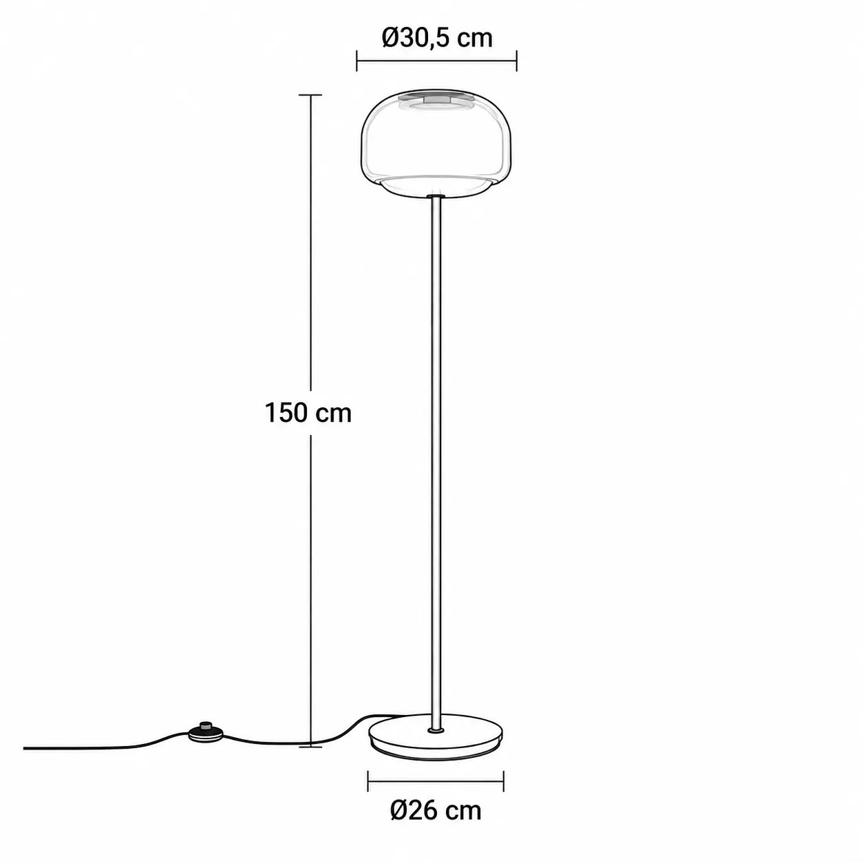 Dimension drawing of the round-shade glass floor lamp
