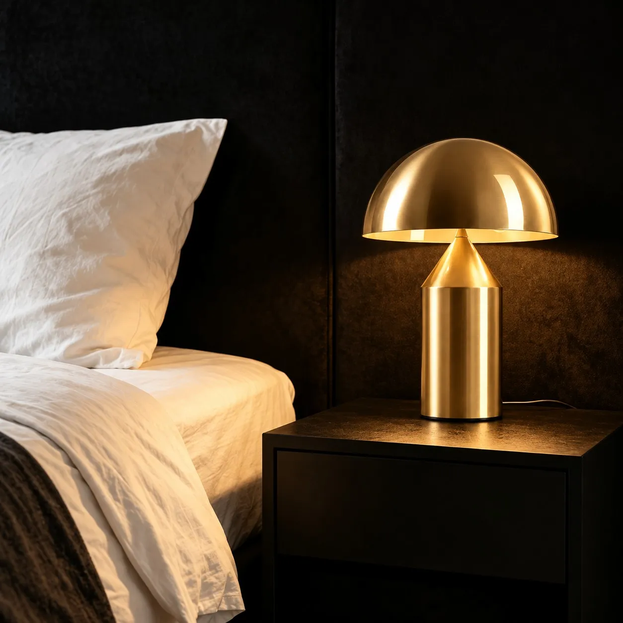 Gold mushroom table lamp on a bedside table
