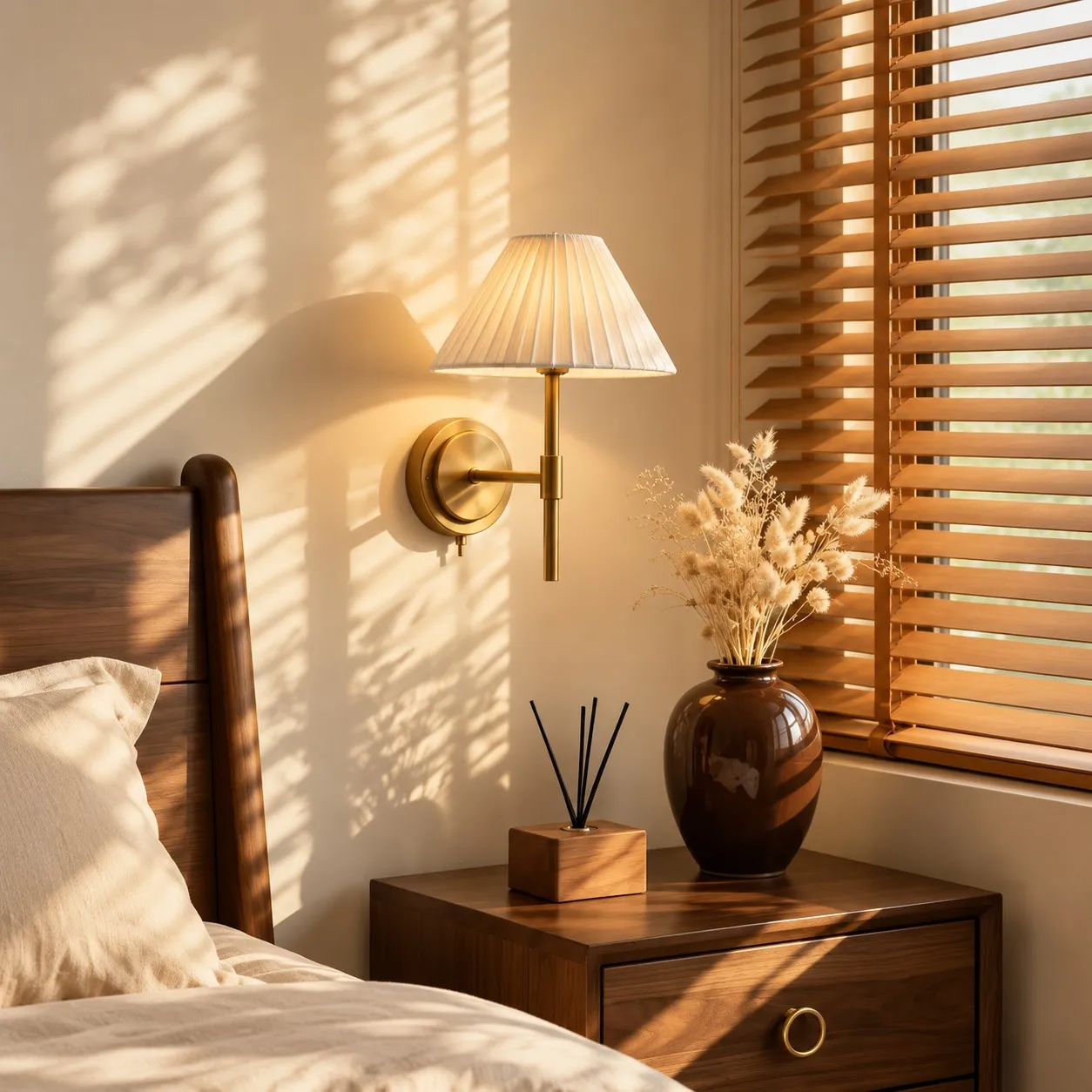 Pleated linen wall light beside a bed