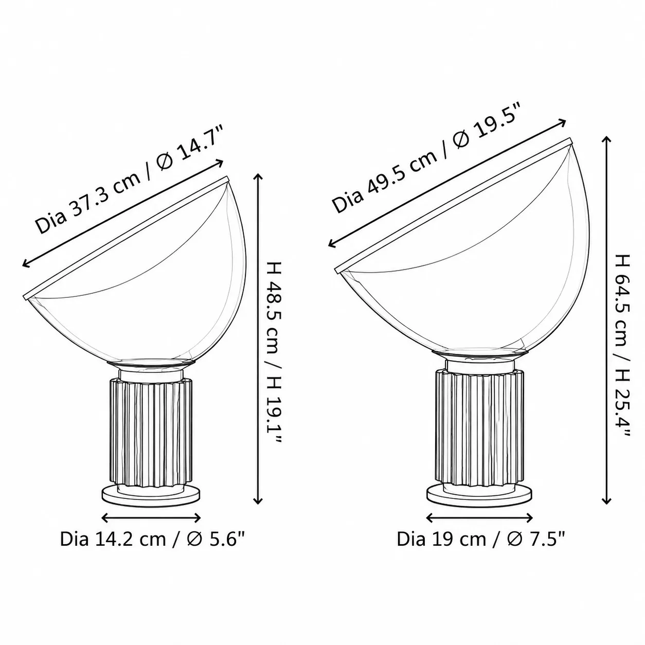 Dimension drawing for the smaller and larger glass bowl lamps