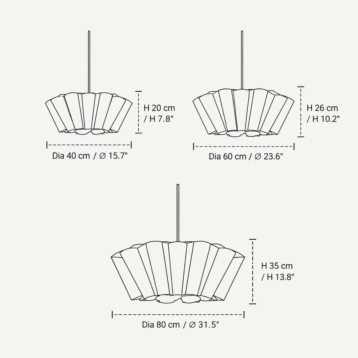 Dimension drawing for three pleated linen pendant sizes