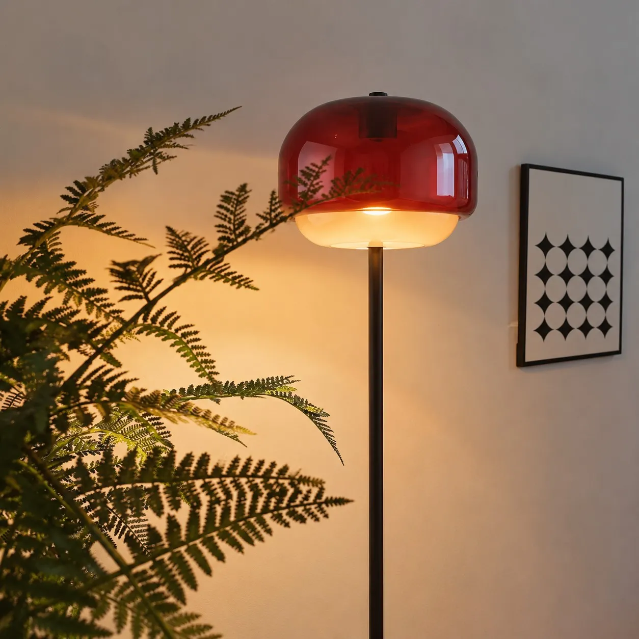Burgundy floor lamp switched on