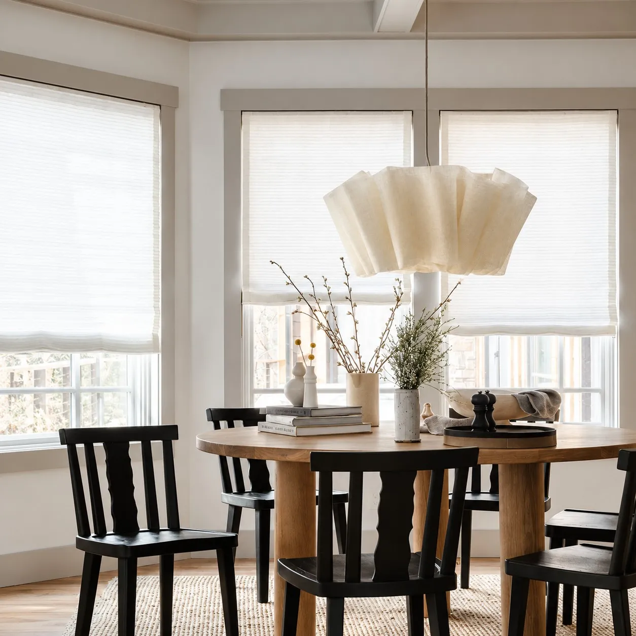 Pleated linen pendant over a round dining table