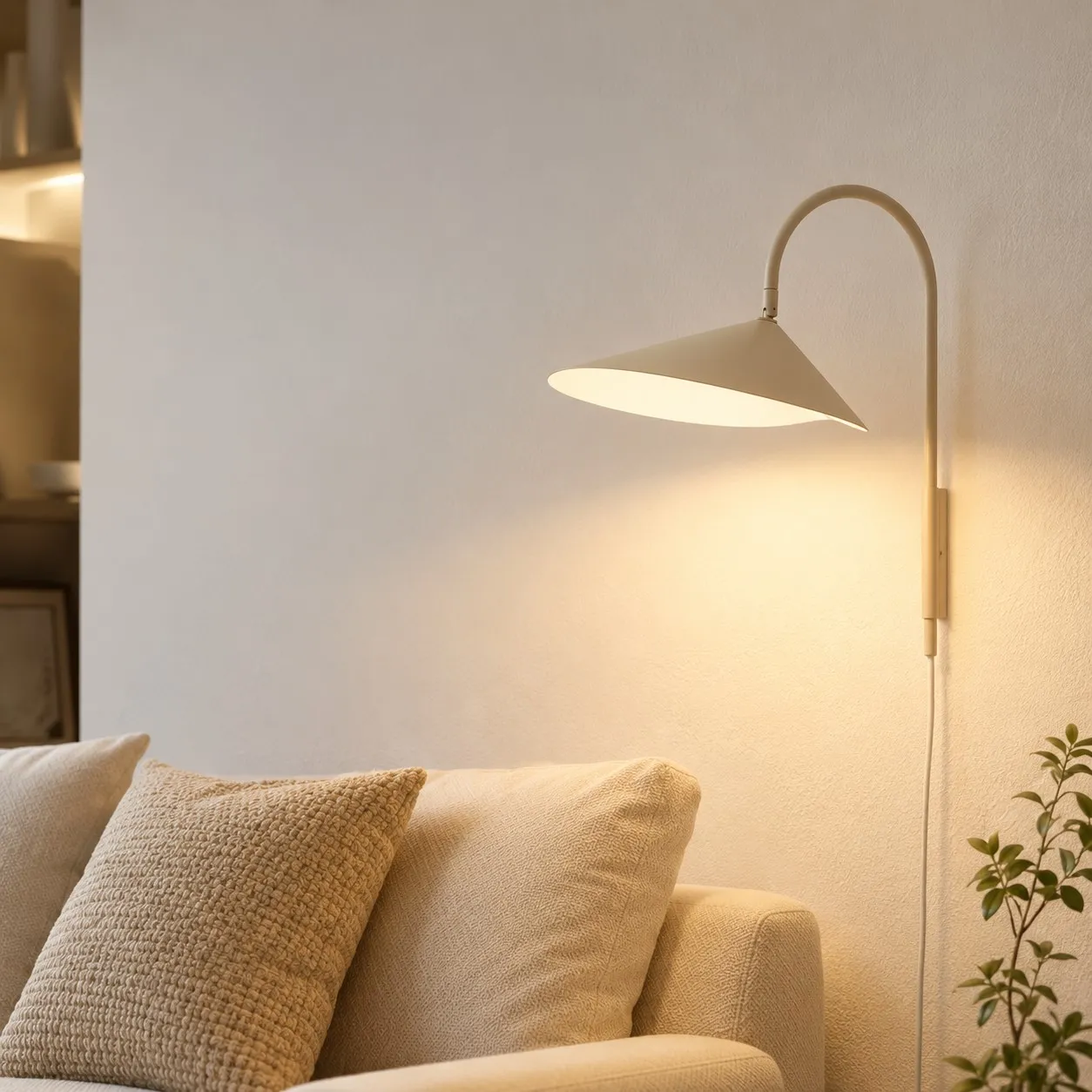 Cashmere swivel wall lamp above a sofa