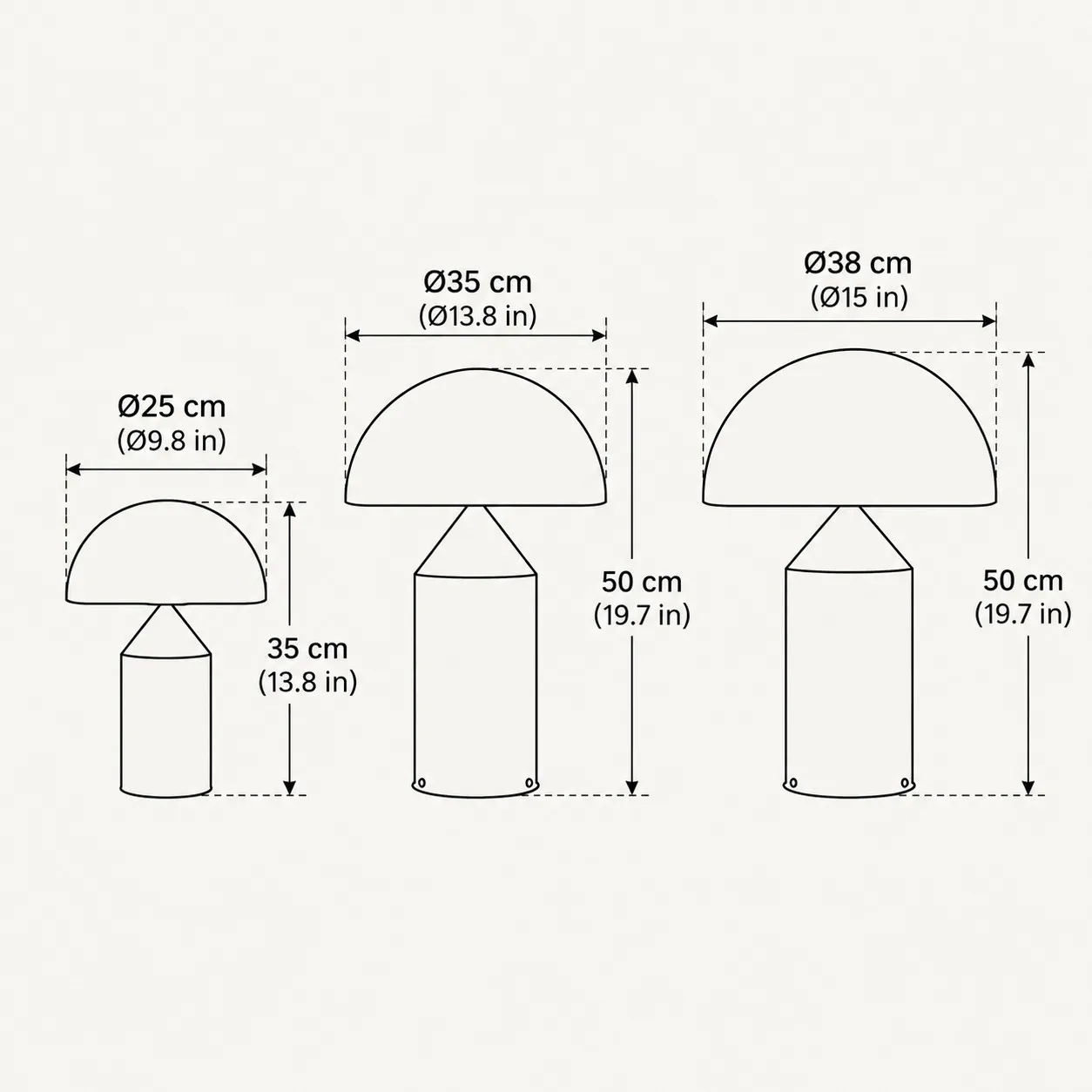 Dimension drawing for three mushroom table lamp sizes