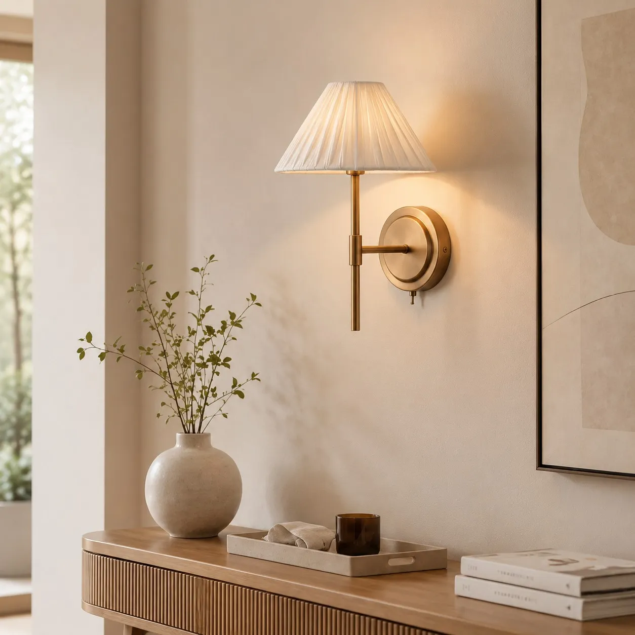 Pleated linen wall light above a console