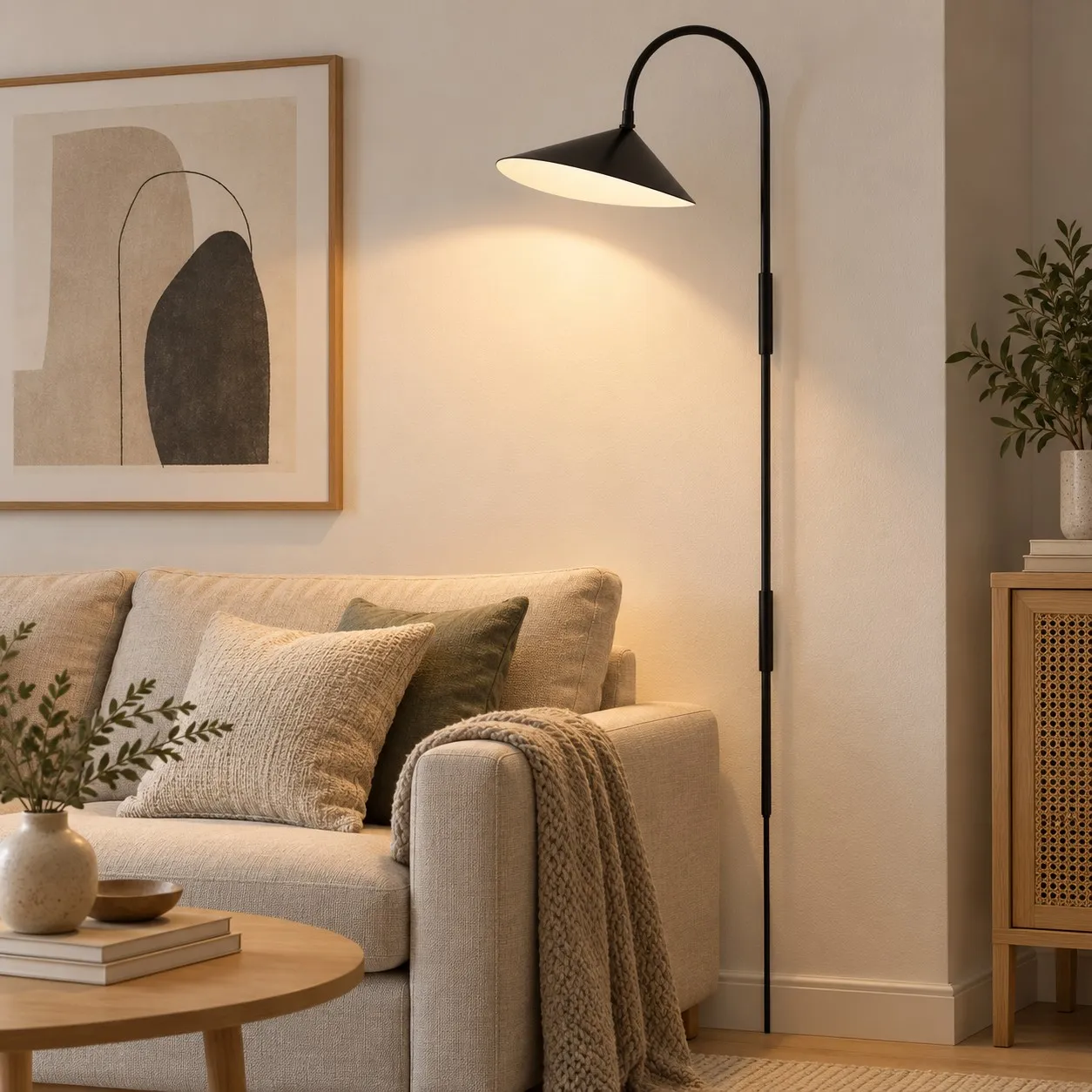 Tall black swivel wall lamp beside a sofa