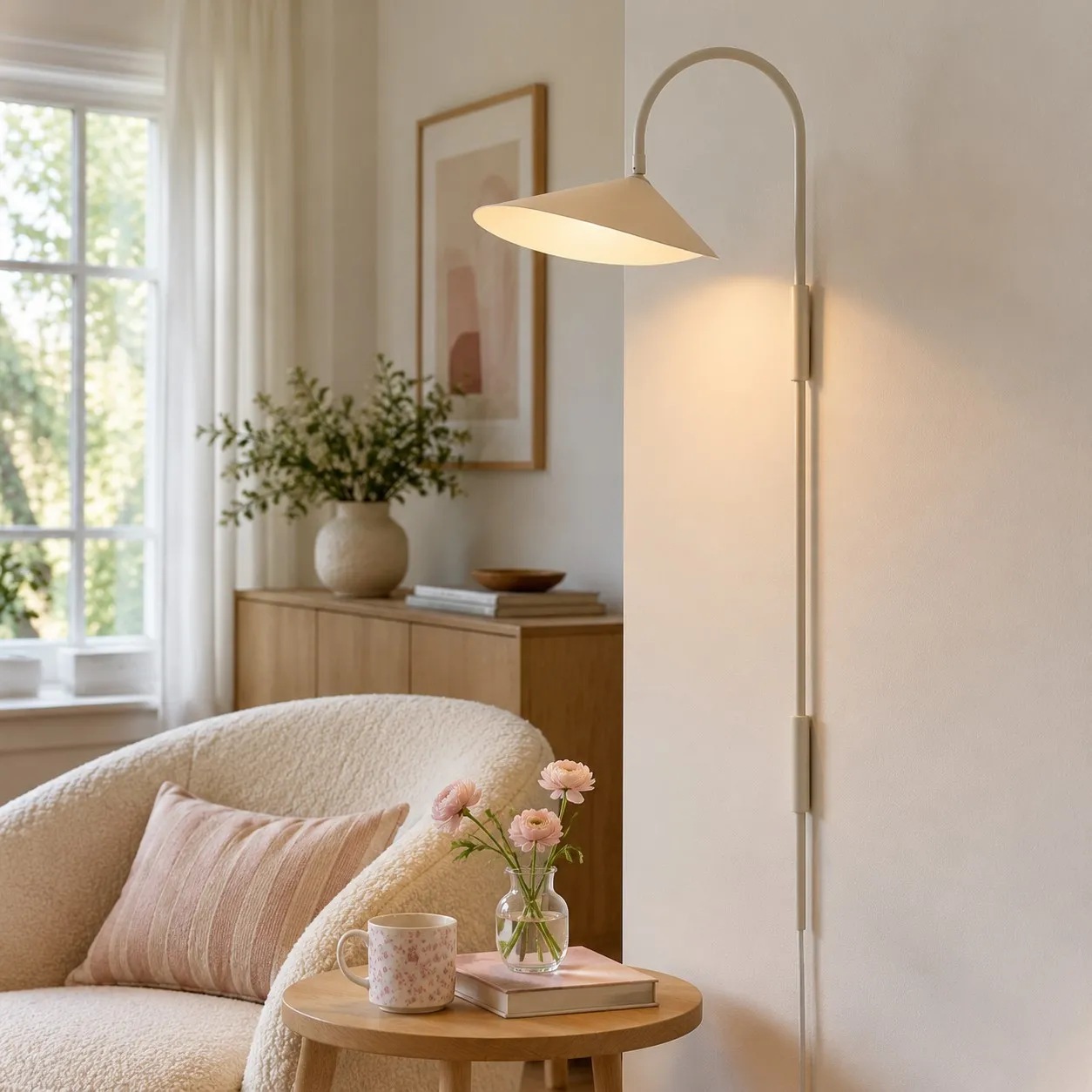 Tall cashmere swivel wall lamp in a living room