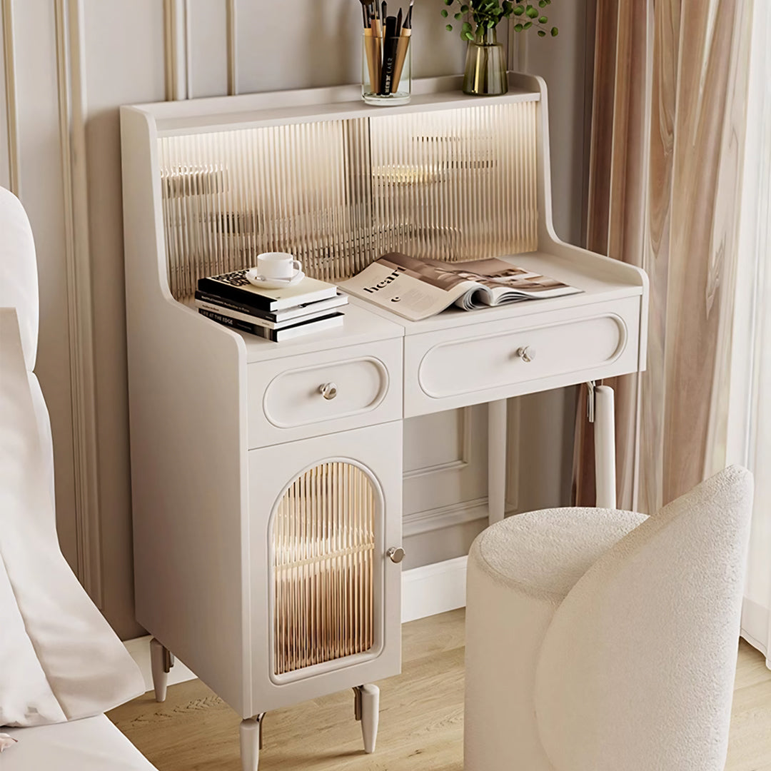 cream dressing table Expandable Makeup Vanity Desk with 6 Drawers, 47.24"-90" Adjustable Dressing Table, Large Storage Bedroom Vanity Desk, Modern Brown & Cream Extendable