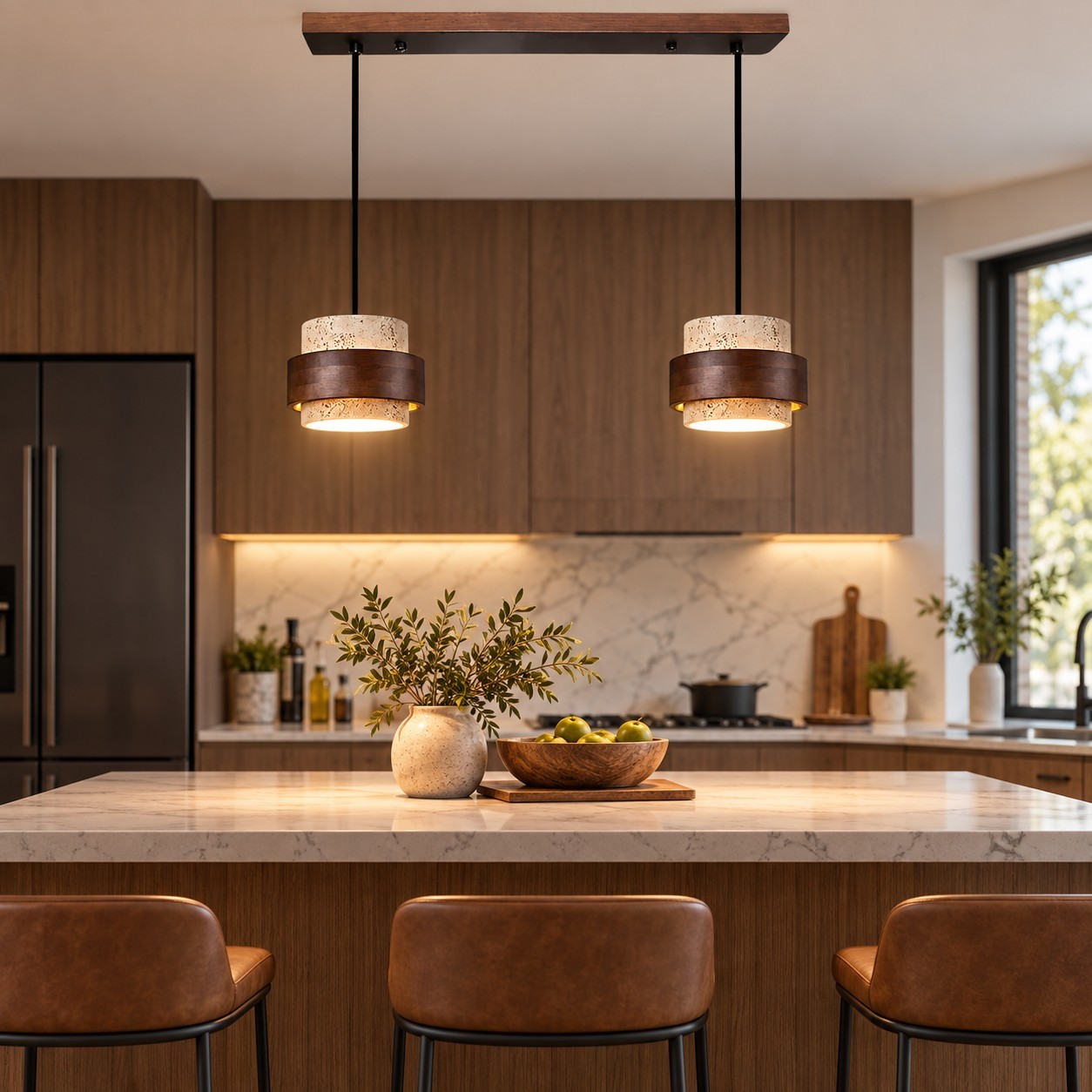 Stonel 2-head linear travertine pendant over a marble kitchen island