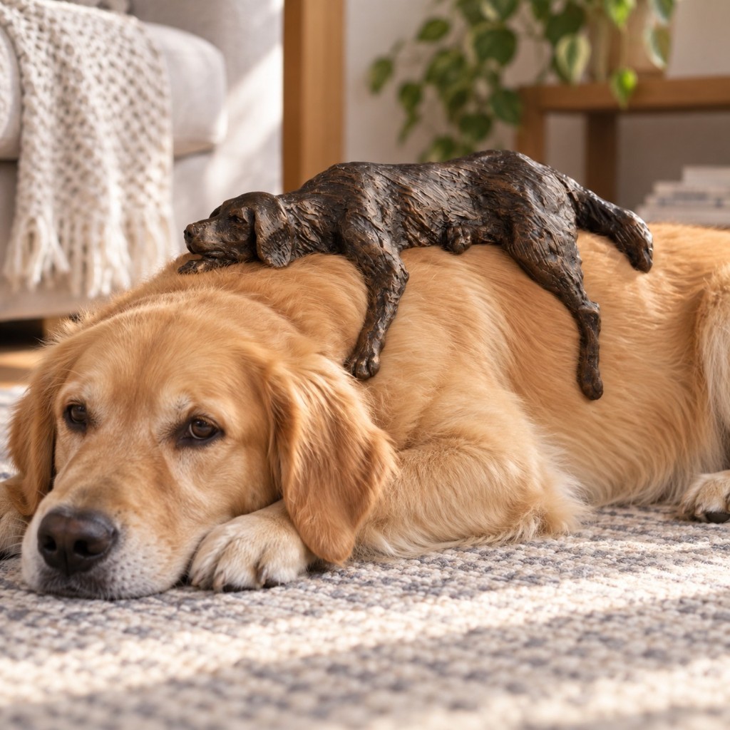 Bronze lazy dog sculpture resting on the back of a golden retriever on a living room rug