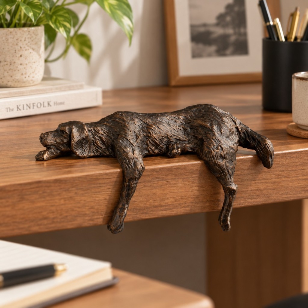 Bronze lazy dog sculpture with legs hanging over the edge of a wooden desk