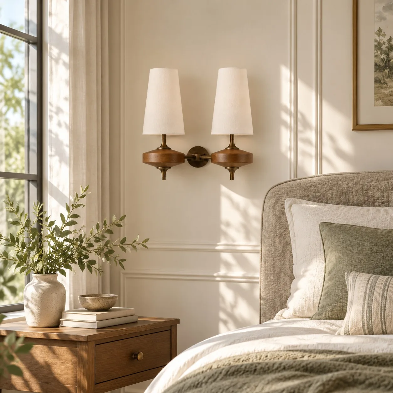 Two-head white fabric wall sconce in a bedroom