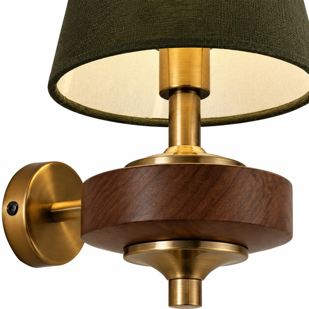 Lit green fabric wall sconce with wall plate