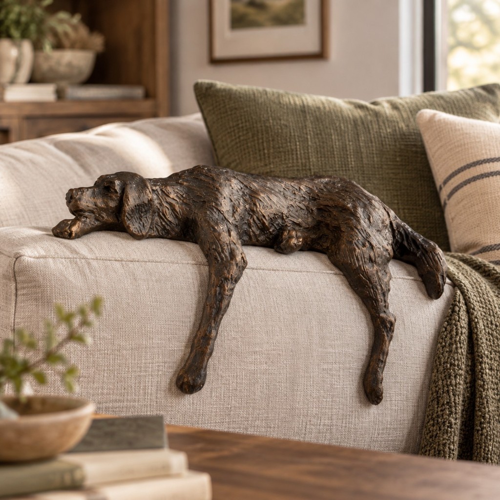 Bronze lazy dog sculpture draped over the edge of a beige sofa cushion
