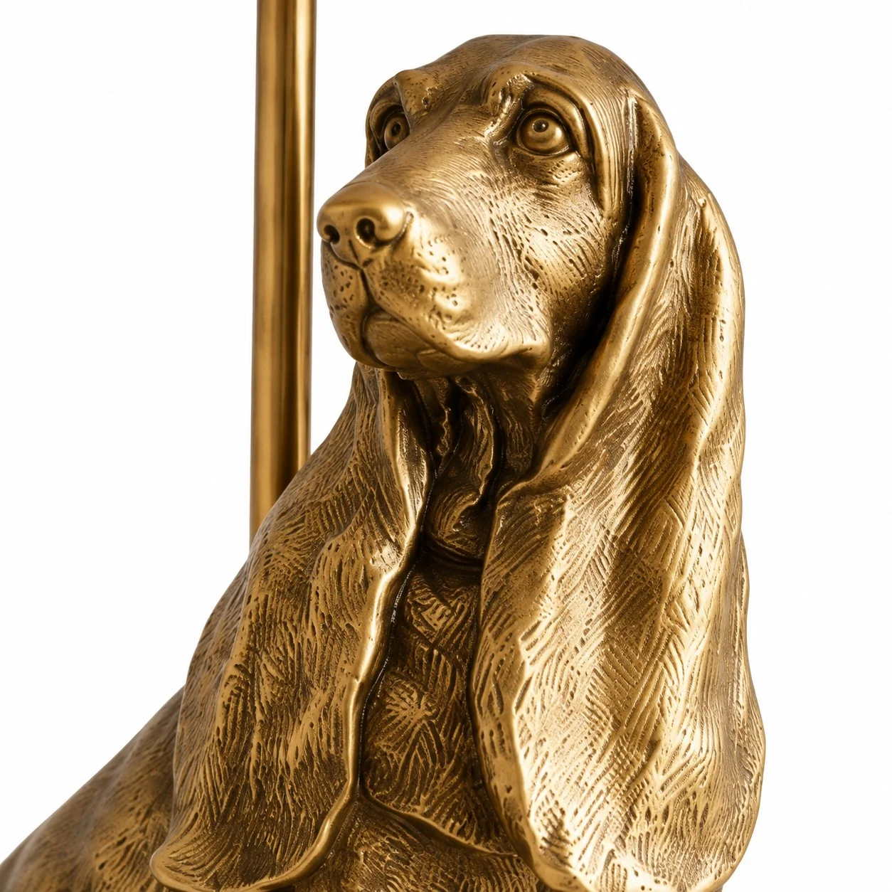 Close-up of hound lamp base head and gold stem