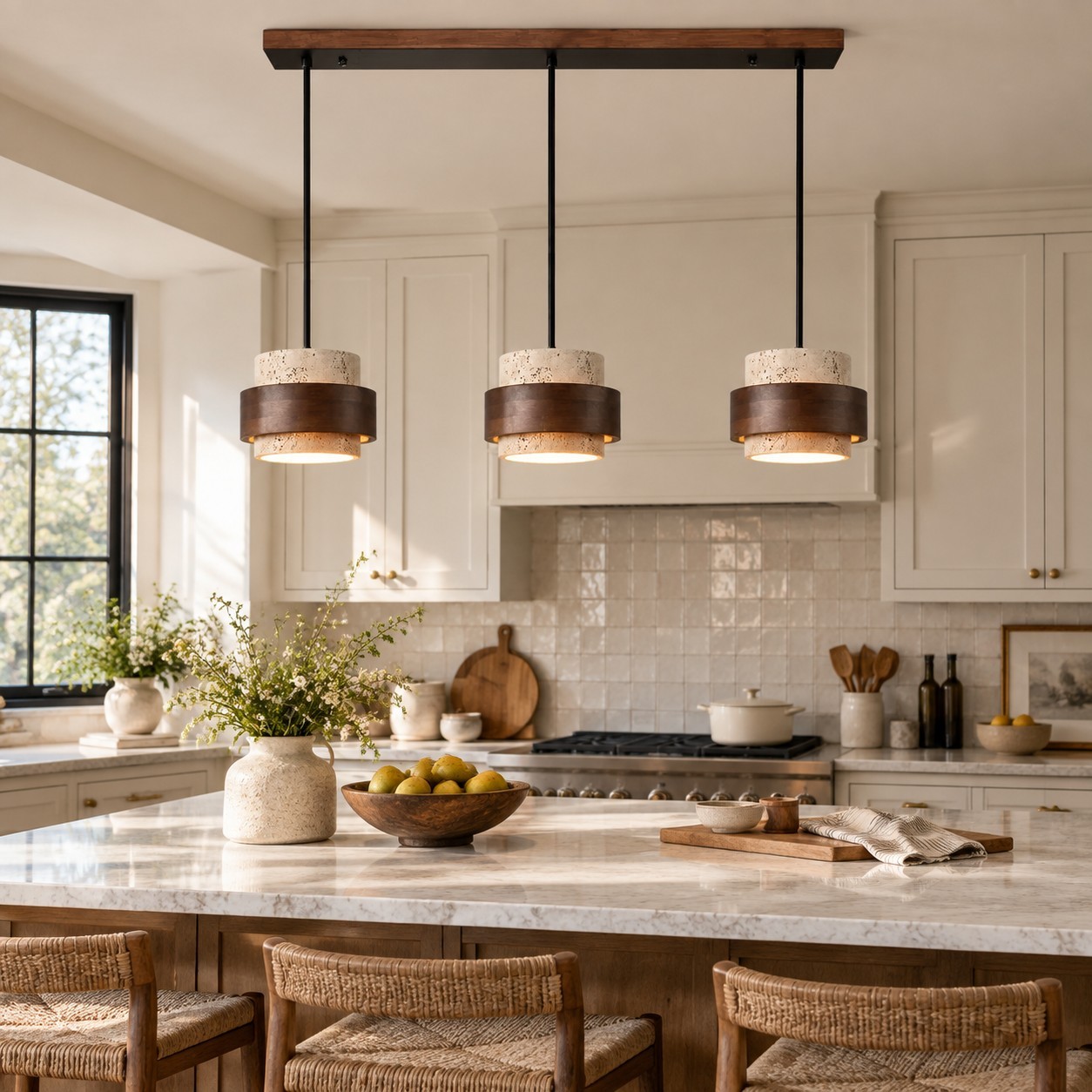 Stonel 3-head linear travertine pendant over a bright kitchen island