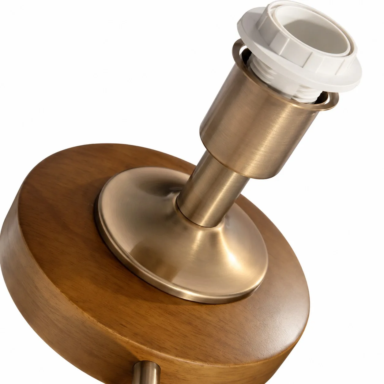 Walnut disk with antique brass stem and E26 socket