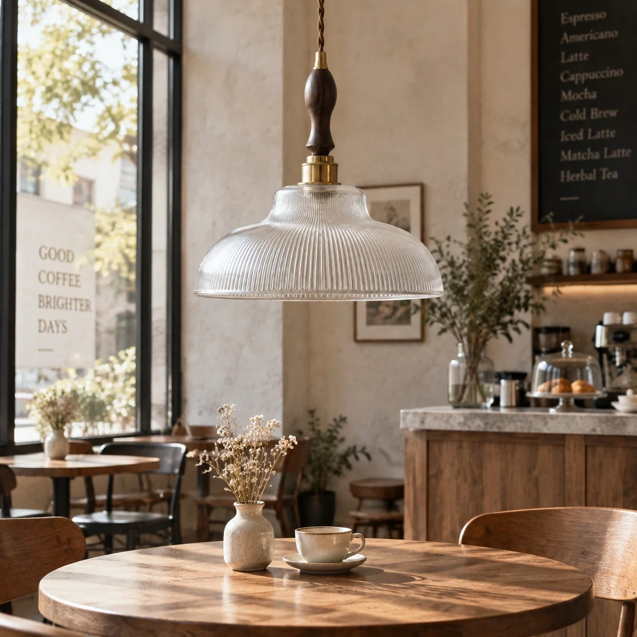 Clear ribbed glass pendant over a cafe table