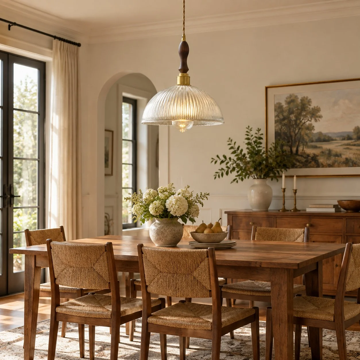 Clear pendant over a dining table