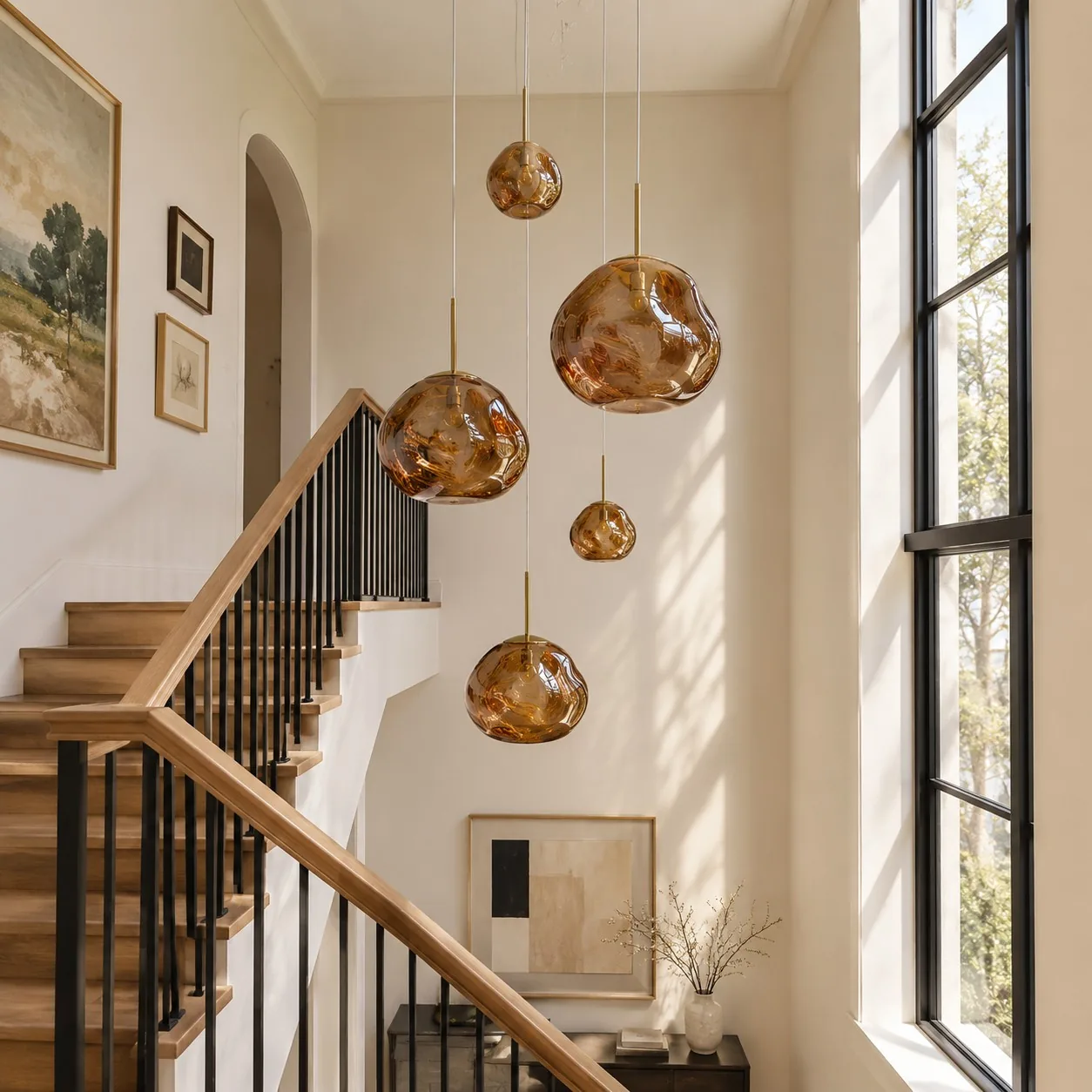 Staggered gold pendants in a bright landing