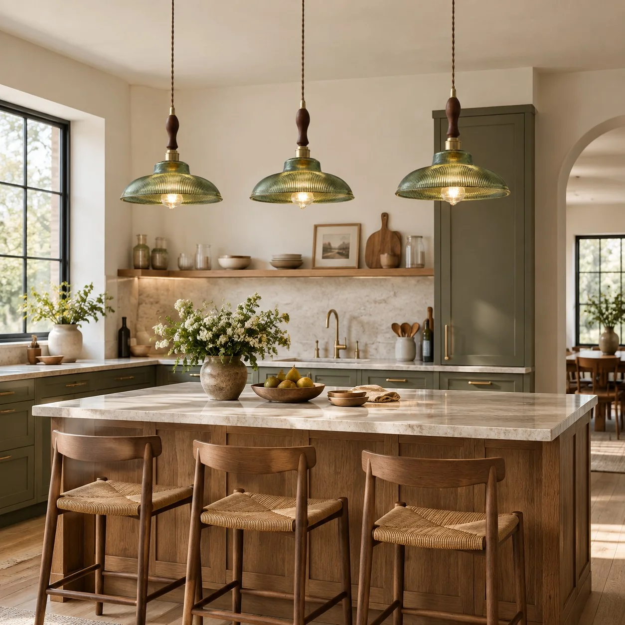 Three green pendants over a kitchen island