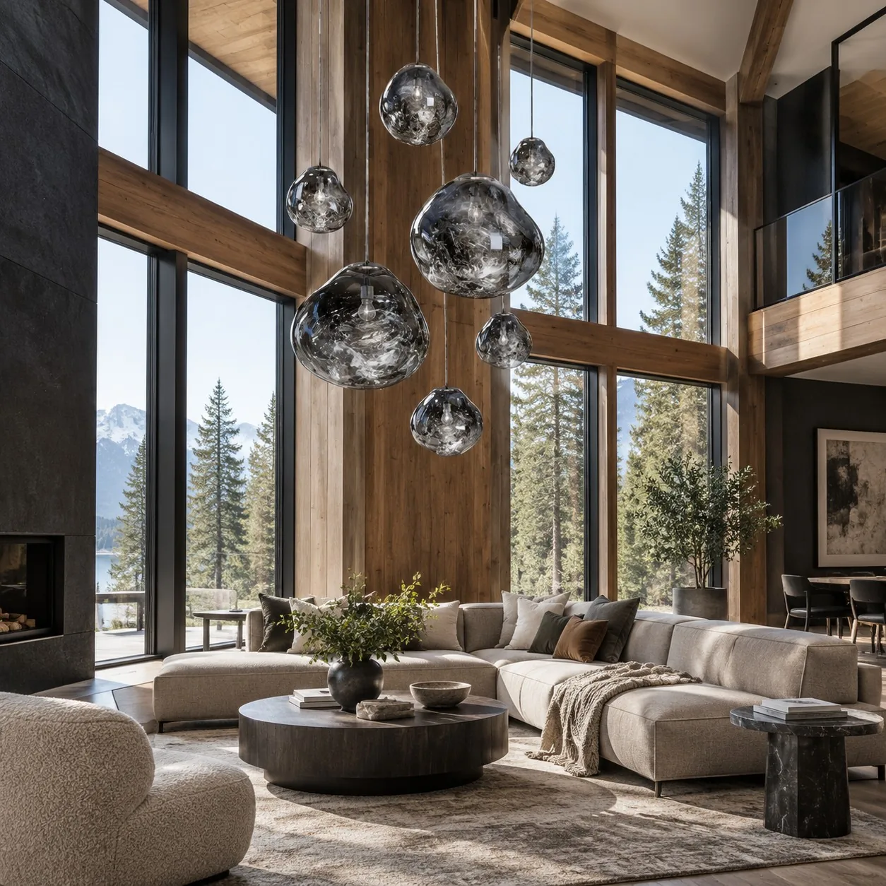 Silver-gray pendant cluster in a mountain living room