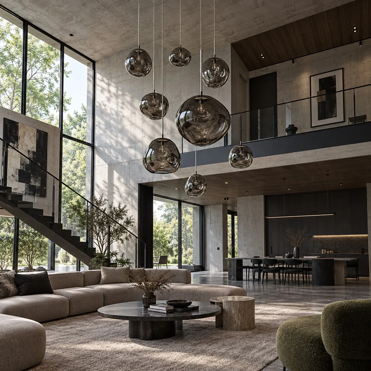 Smoked pendant cluster in a concrete living room