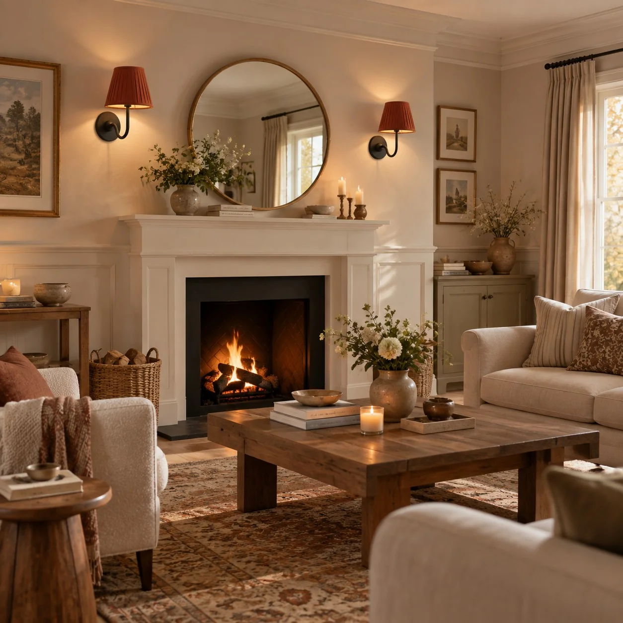 Paired Luvora sconces flanking a fireplace mirror